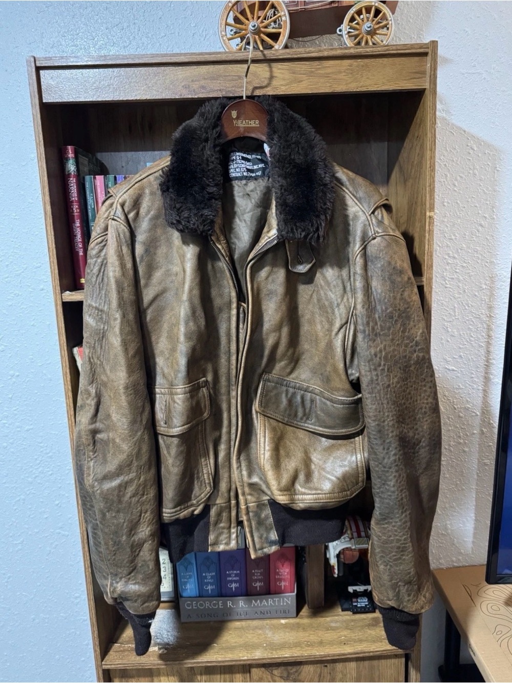 Schott NYC Brown Leather Bomber Jacket with Dark Fur Collar